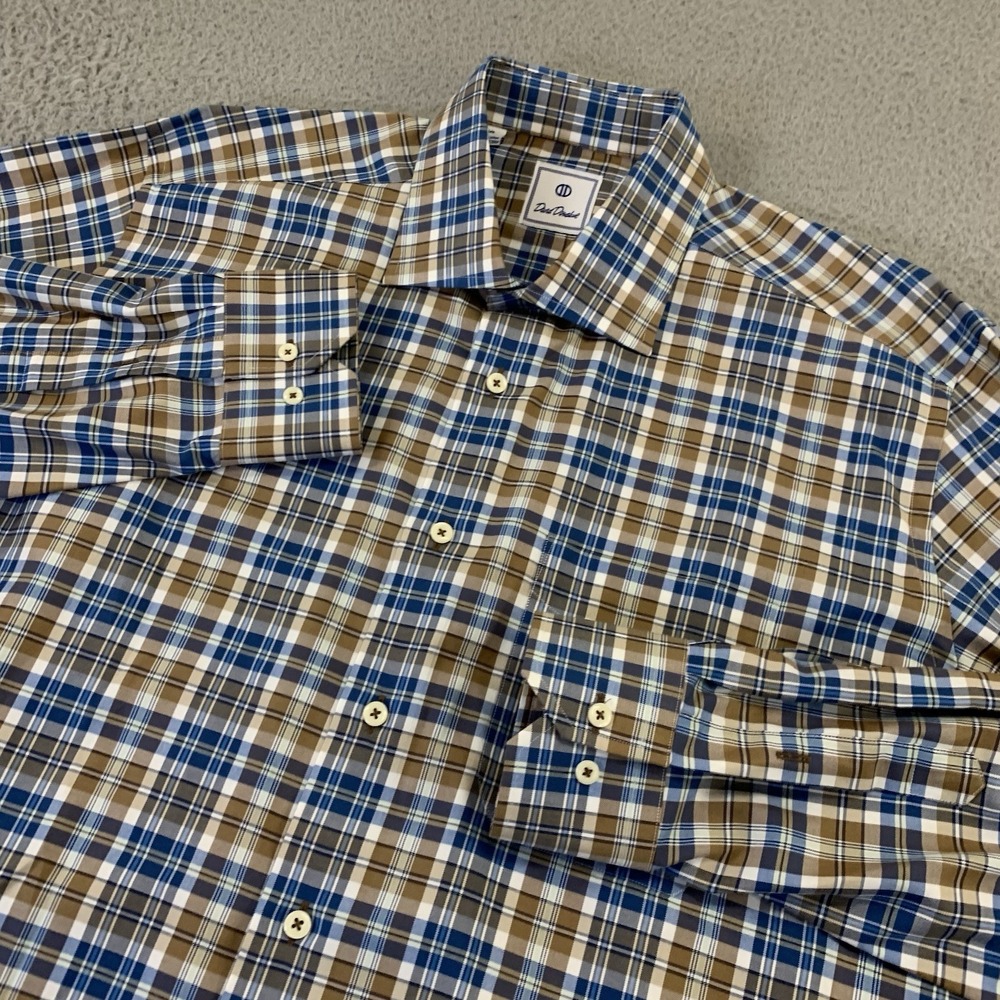 David Donahue Dress Shirt Mens XL Button Up Blue Tan Plaid Pocket Casual Busines
